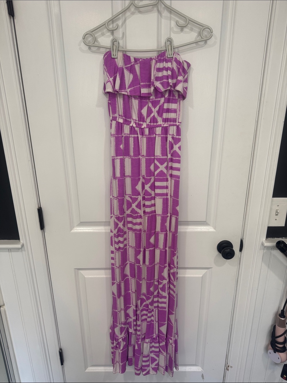 MAHI GOLD Purple and White Strapless Ruffle Maxi Dress